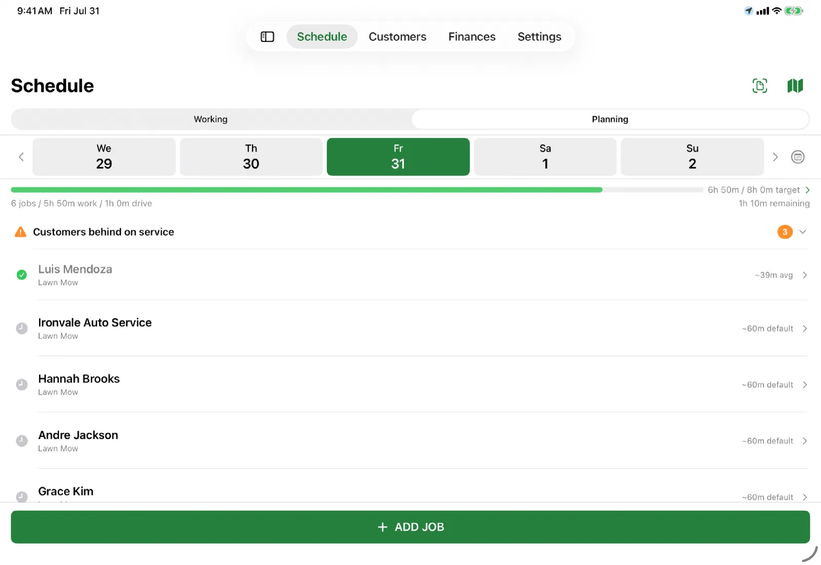YardPath schedule and map on iPad